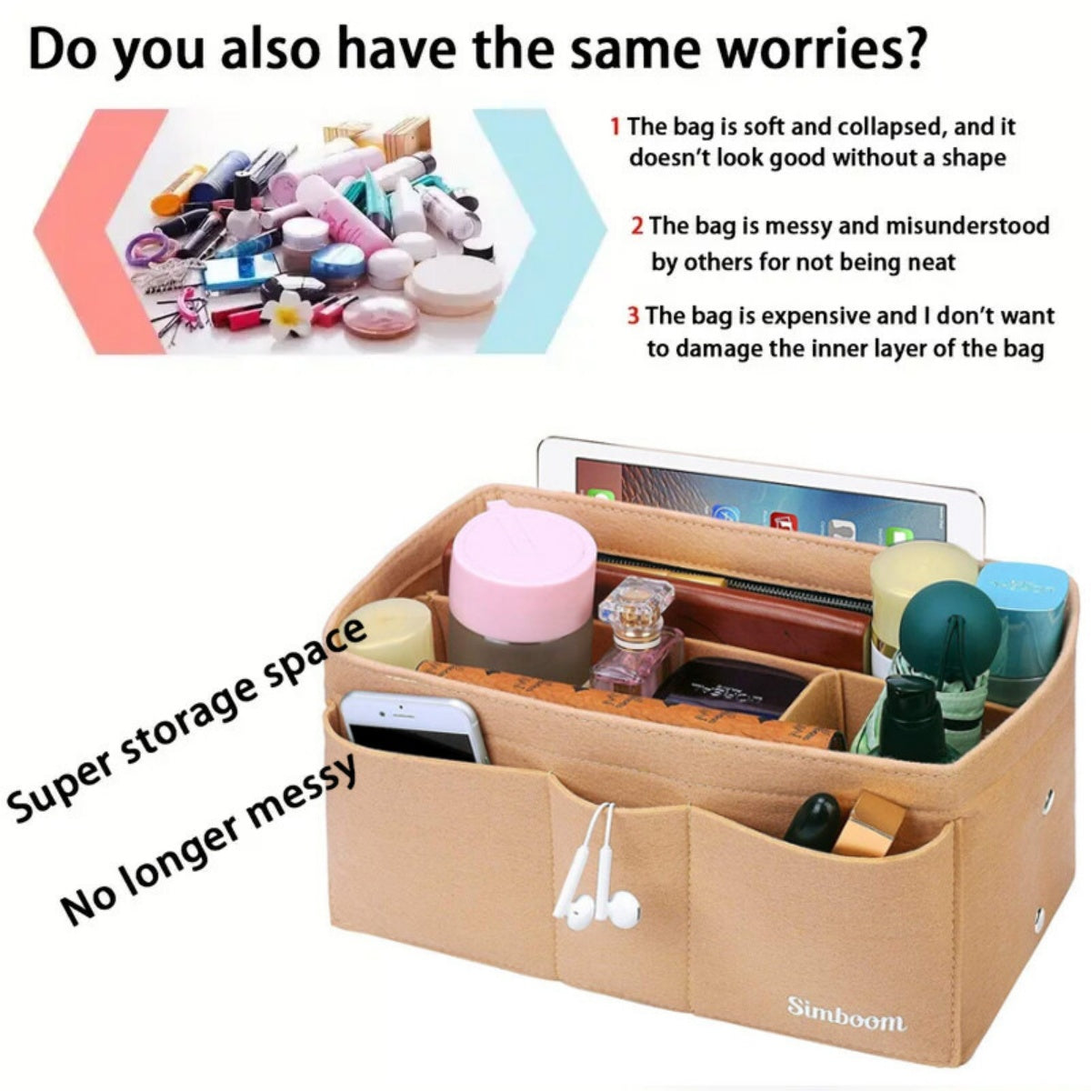 Ladies Felt Travel Makeup Bag Insert Liner Purse Pouch Women Organizer Handbag